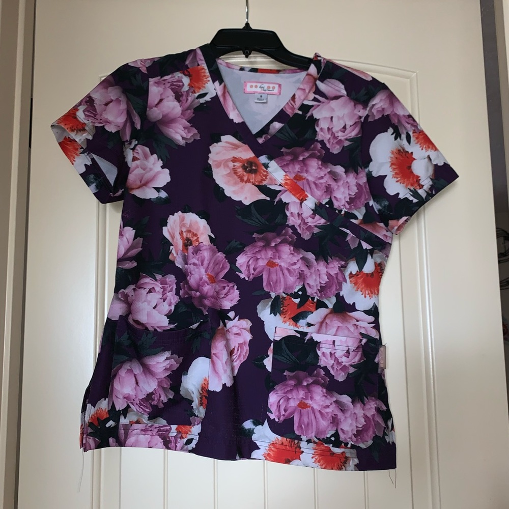 Koi Floral Mockwrap Scrub Top